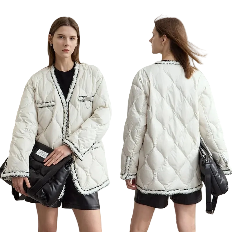 Women's V-Neck Patchwork Down Jacket - Minimalist Winter Outerwear