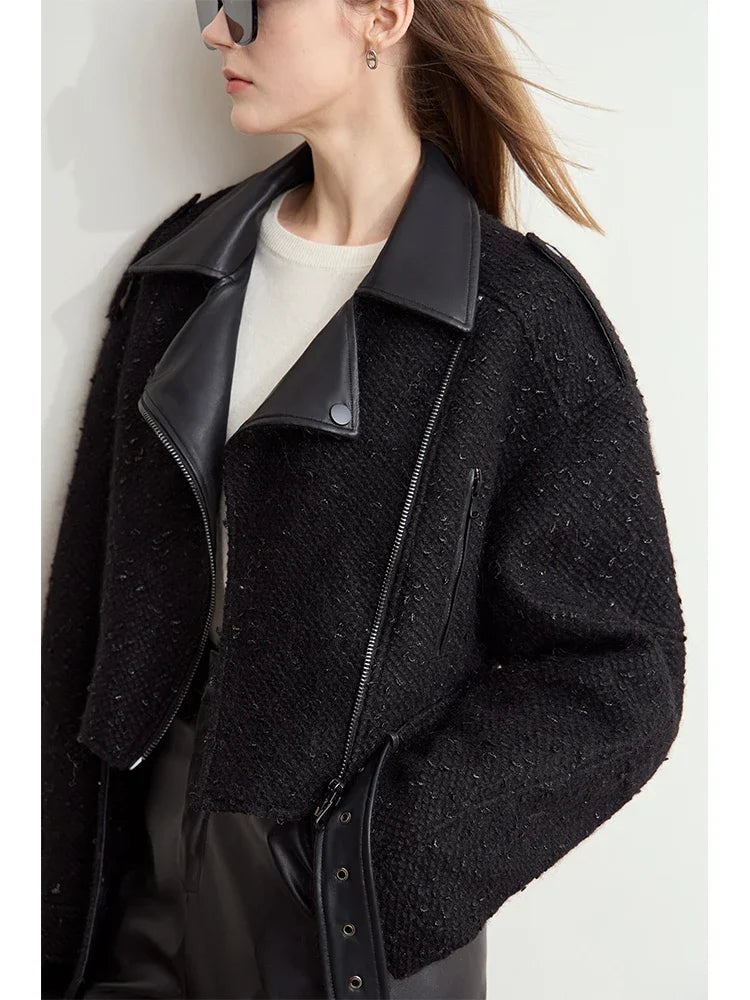 Women's Woolen Coat - Minimalist Leather Spliced Winter Outerwear