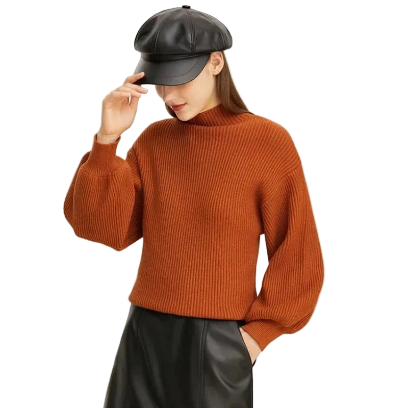 Women's Mock Neck Minimalist Knit Sweater - Loose Lantern Sleeve Top