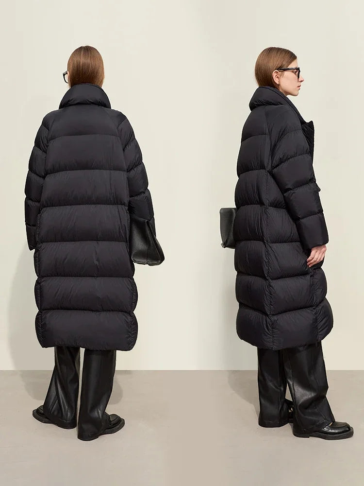 Women's Long White Duck Down Coat - Single-Breasted Winter Blazer