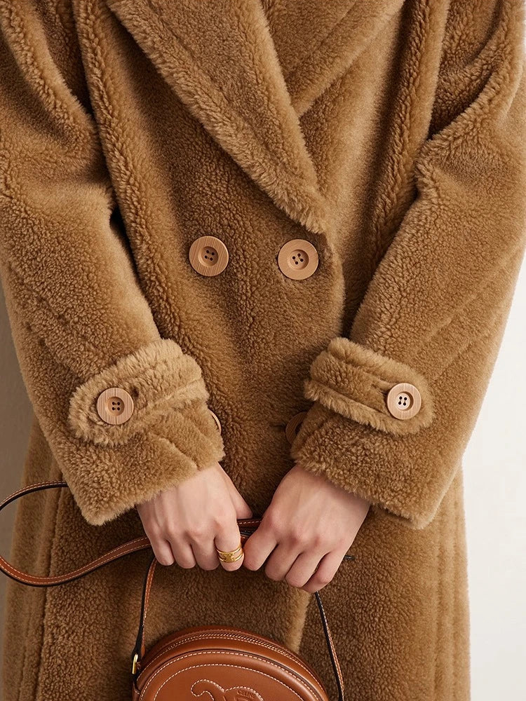 Full Wool Double-Breasted Fur Coat - Warm Winter Office Outerwear