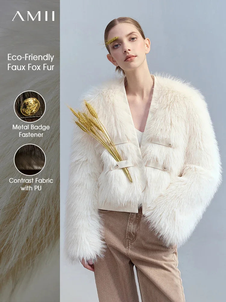 Winter V-Neck Faux Fur Jacket - Modern Spliced PU Outerwear
