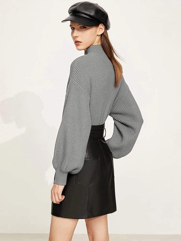 Women's Mock Neck Lantern Sleeve Loose Knitted Sweater