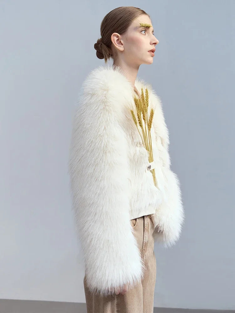 Winter V-Neck Faux Fur Jacket - Modern Spliced PU Outerwear