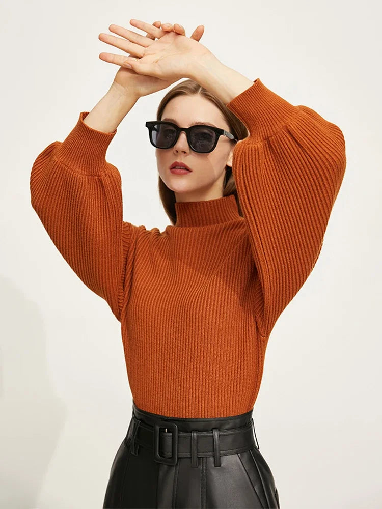 Women's Mock Neck Lantern Sleeve Loose Knitted Sweater