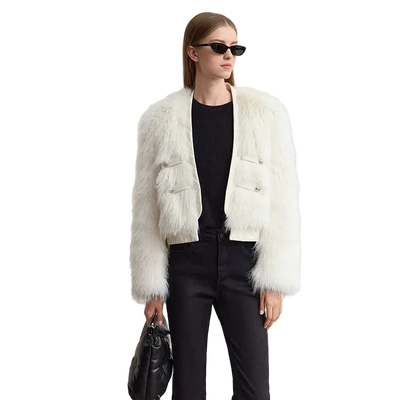 Winter V-Neck Faux Fur Jacket - Modern Spliced PU Outerwear