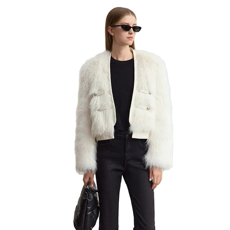 Women's V-Neck Faux Fur Jacket - Modern PU Spliced Winter Coat