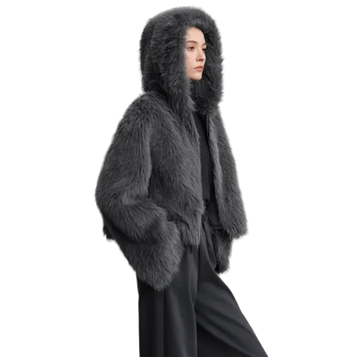 Women's Hooded Faux Fur Coat - Elegant Winter Outerwear