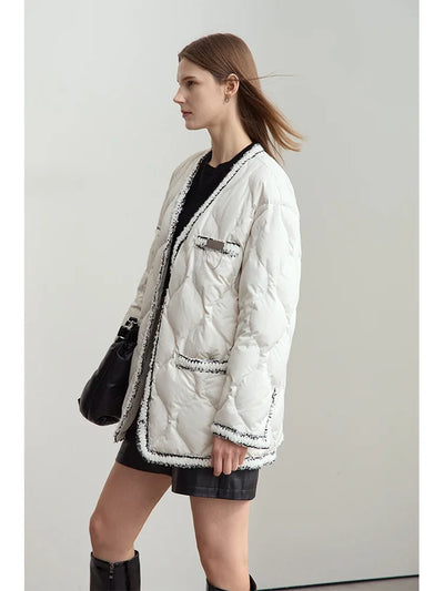 Women's V-Neck Patchwork Down Jacket - Minimalist Winter Outerwear