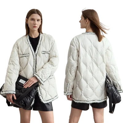 Women's V-Neck Patchwork Down Jacket - Minimalist Winter Outerwear