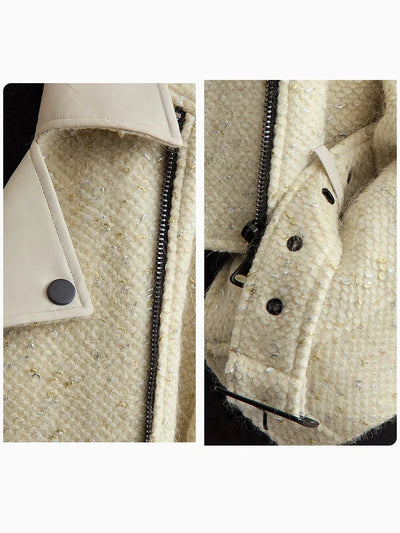 Women's Woolen Coat - Minimalist Leather Spliced Winter Outerwear
