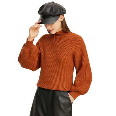 Women's Mock Neck Lantern Sleeve Loose Knitted Sweater
