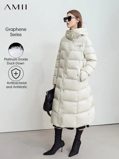 Women's Long Hooded Down Jacket - Graphene Lined Winter Coat