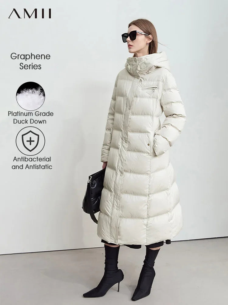 Women's Long Hooded Down Jacket - Graphene Lined Winter Coat