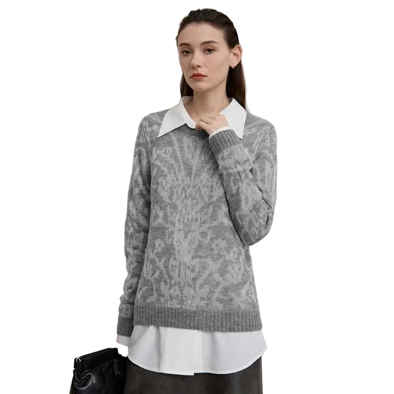 Women's Knit Jacquard Pullover - Minimalist Elegant Winter Sweater