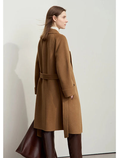 AMII Women's 100% Wool Minimalist Overcoat - Winter Belted Trench Coat
