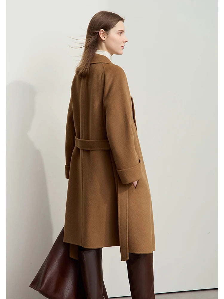 AMII Women's 100% Wool Minimalist Overcoat - Winter Belted Trench Coat