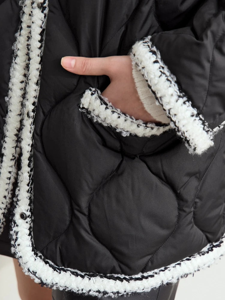 Women's V-Neck Patchwork Down Jacket - Minimalist Winter Outerwear