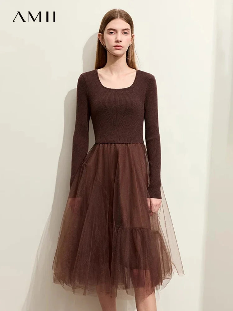 French Vintage A-Line Dress | Minimalist Mesh Patchwork Winter Style