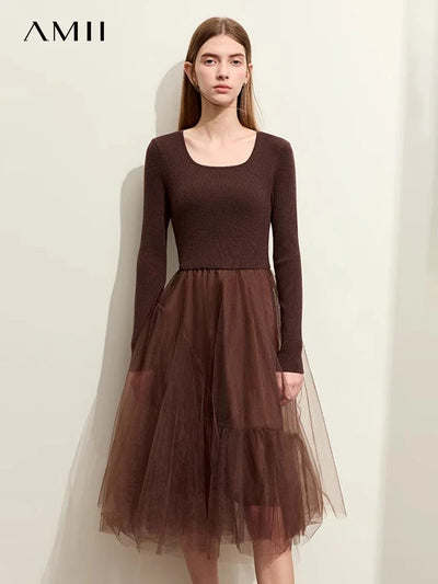 AMII French Vintage Square Collar Mesh A-Line Dress | Minimalist