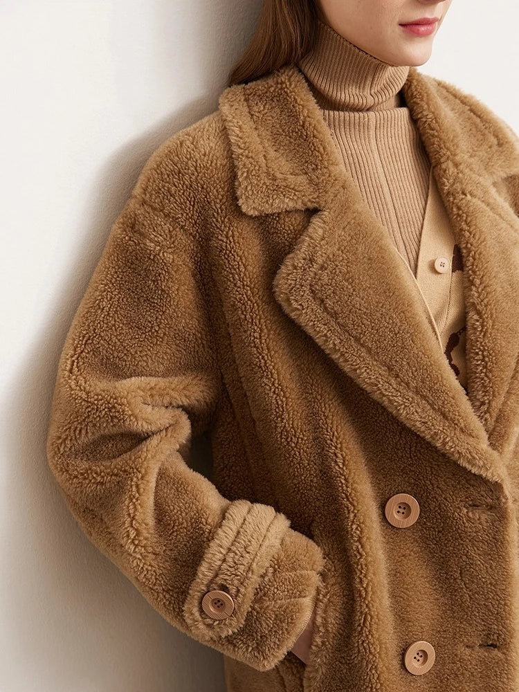 Full Wool Double-Breasted Fur Coat - Warm Winter Office Outerwear