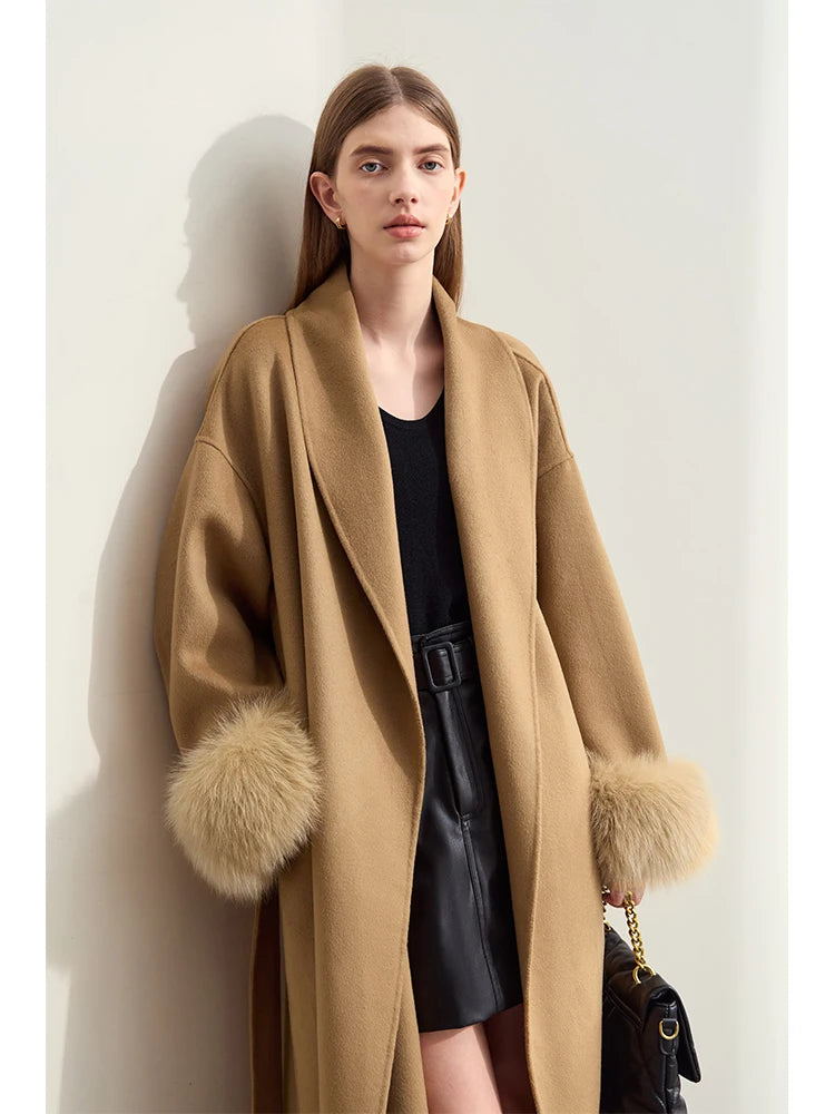 Women's 100% Wool Long Coat with Fox Fur Cuffs | Office Winter Jacket