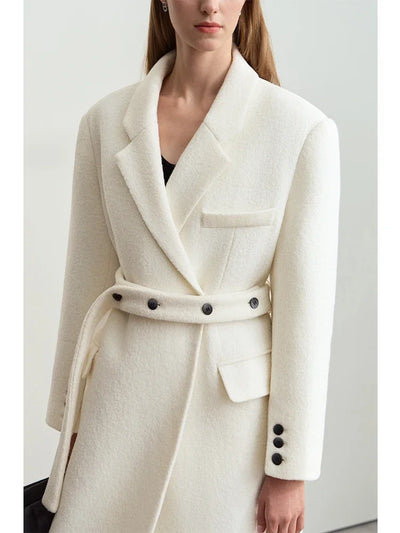 Women's Minimalist Full Wool Belted Long Coat - Winter Suit Collar