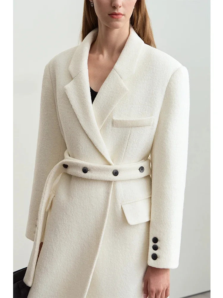 Women's Long Wool Coat - Minimalist Belted Winter Jacket