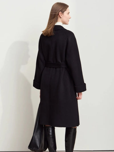 Women's 100% Wool Minimalist Overcoat - Winter Belted Lapel Jacket