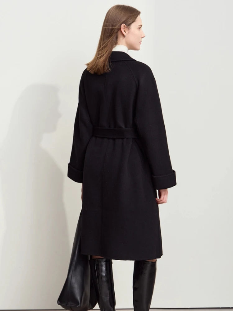 AMII Women's 100% Wool Minimalist Overcoat - Winter Belted Trench Coat
