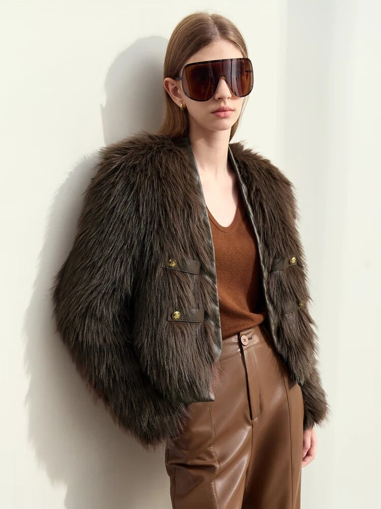 Winter V-Neck Faux Fur Jacket - Modern Spliced PU Outerwear