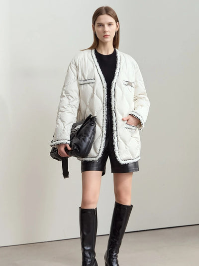 Women's V-Neck Patchwork Down Jacket - Minimalist Winter Outerwear