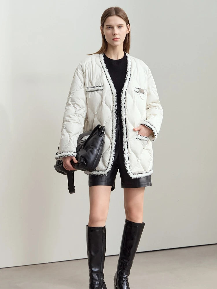 Women's V-Neck Patchwork Down Jacket - Minimalist Winter Outerwear