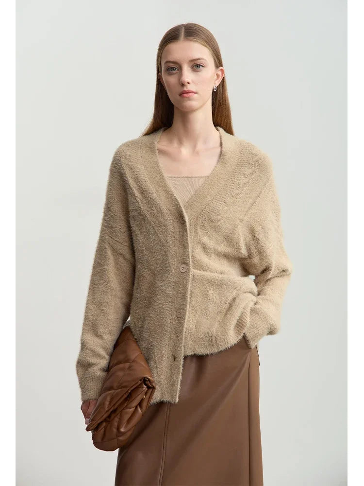 Women's V-Neck Wool Cardigan - Minimalist Imitation Mink Winter Top