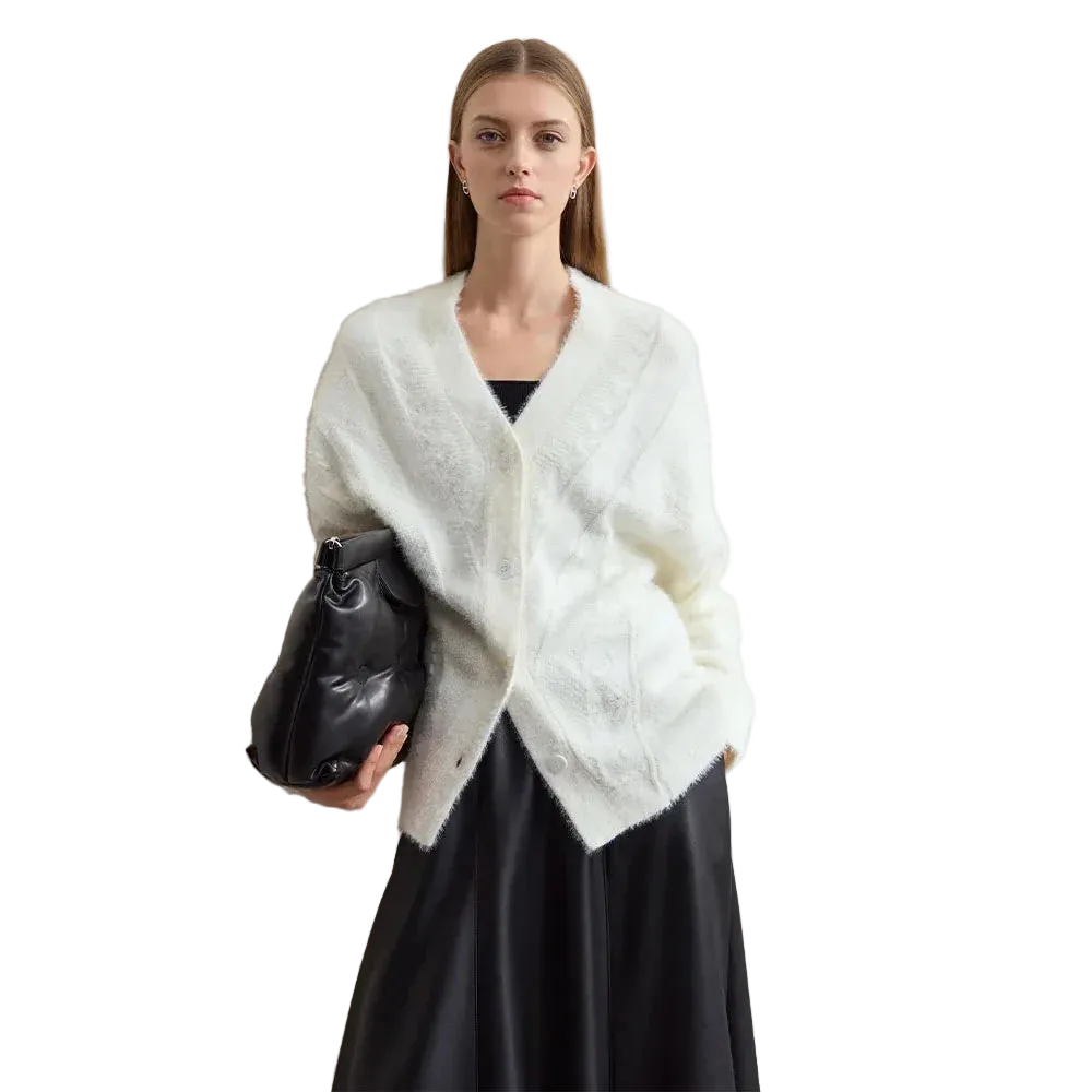 Women's V-Neck Wool Cardigan - Minimalist Imitation Mink Winter Top