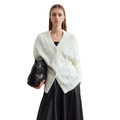 Women's V-Neck Wool Cardigan - Minimalist Imitation Mink Winter Top