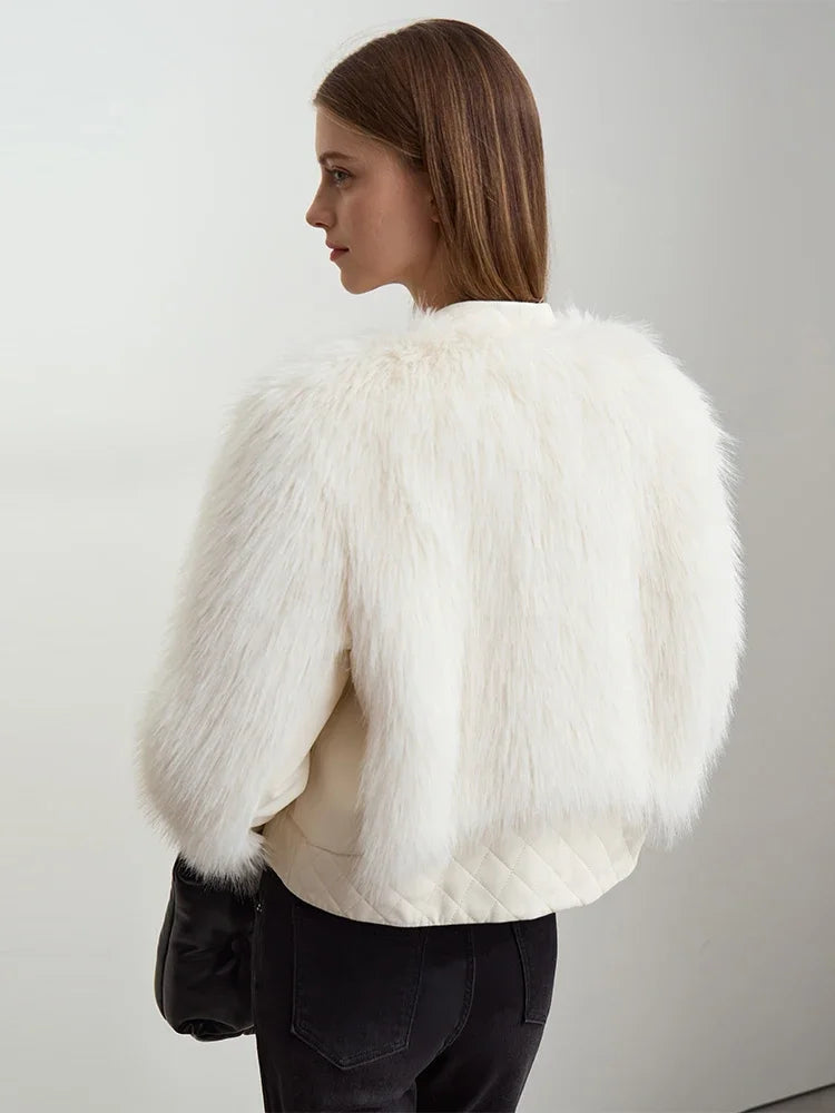 Women's V-Neck Faux Fur Jacket - Modern PU Spliced Winter Coat