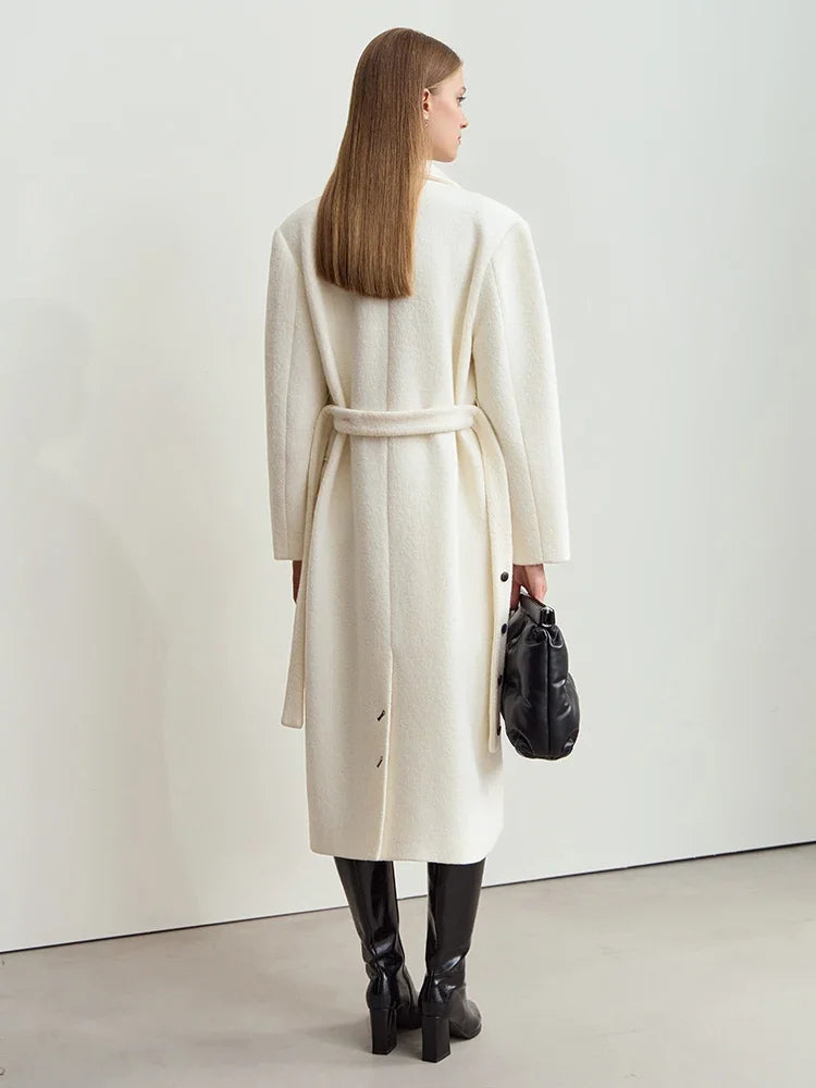 Women's Minimalist Full Wool Belted Long Coat - Winter Suit Collar