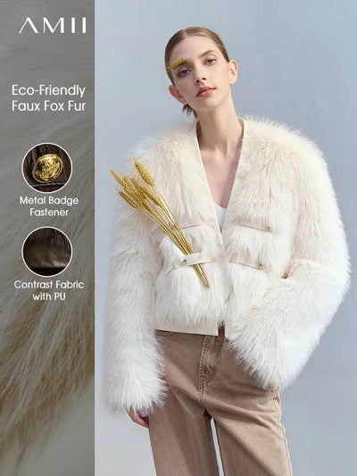 Winter V-Neck Faux Fur Jacket - Modern Spliced PU Outerwear
