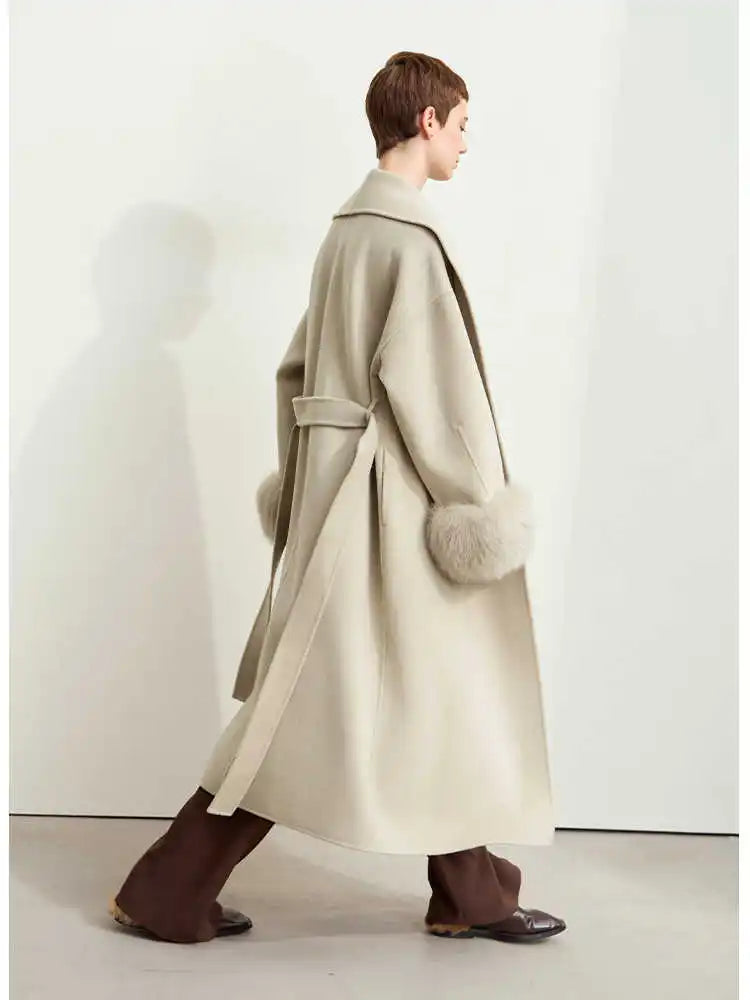 Women's 100% Wool Long Coat with Removable Fox Fur Cuffs