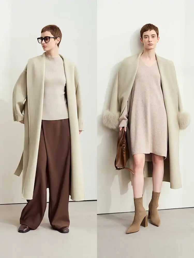 Women's 100% Wool Long Coat with Removable Fox Fur Cuffs