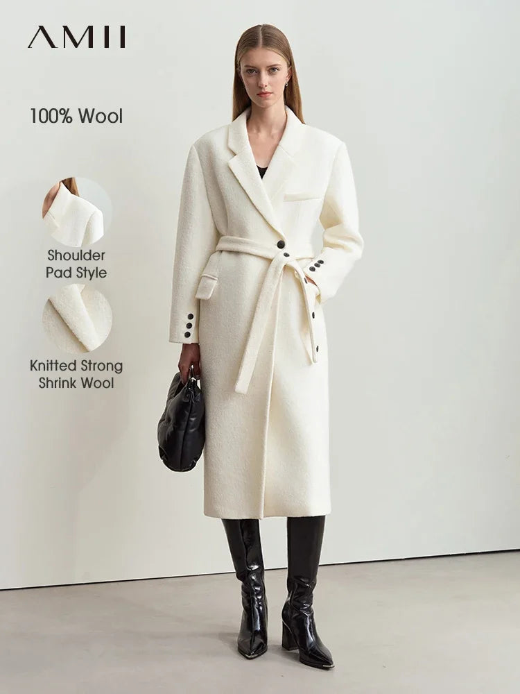 Women's Long Wool Coat - Minimalist Belted Winter Jacket