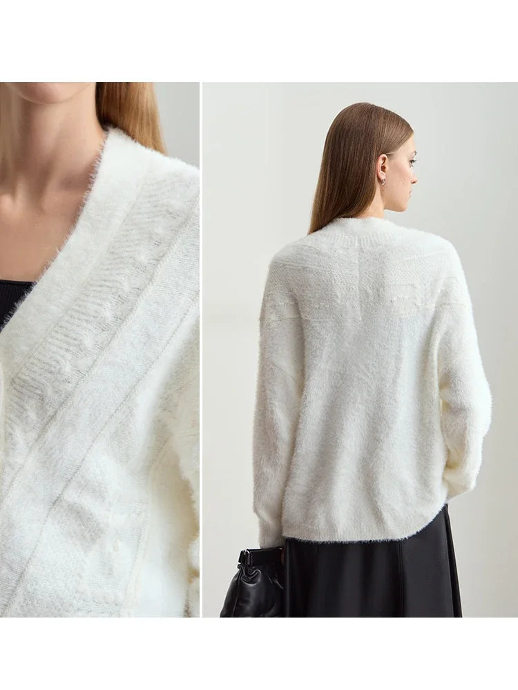 Women's V-Neck Wool Cardigan - Minimalist Winter Imitation Mink Top