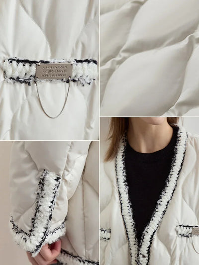 Women's V-Neck Patchwork Down Jacket - Minimalist Winter Outerwear