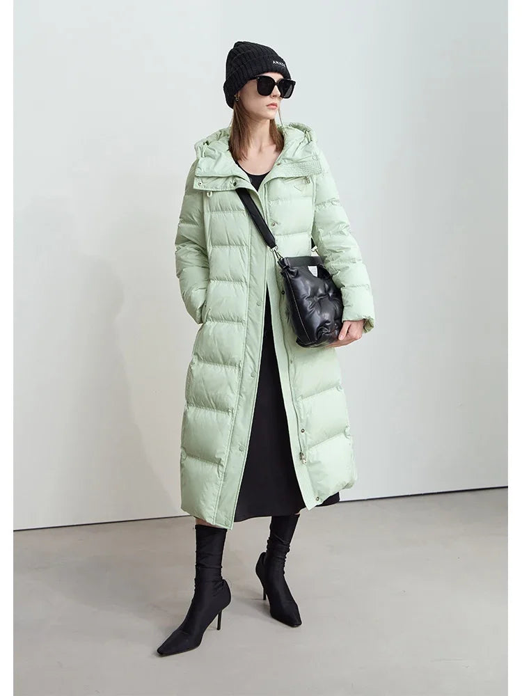 Women's Long Hooded Down Jacket with Graphene Lining