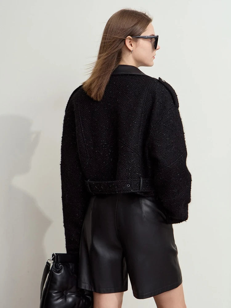 Women's Woolen Coat - Minimalist Leather Spliced Winter Outerwear