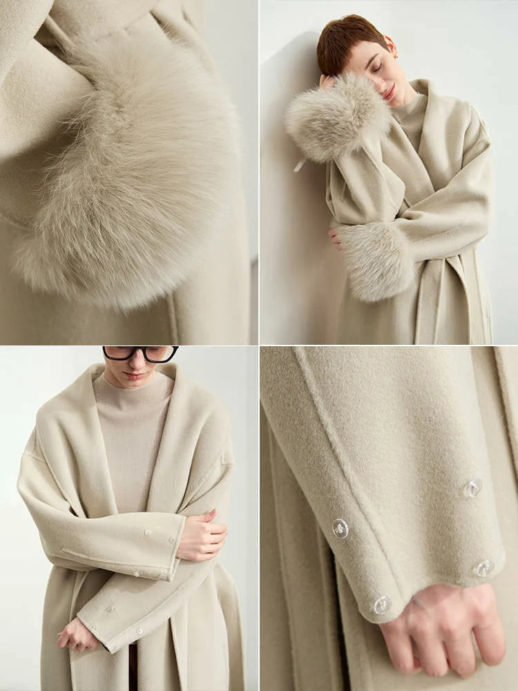 Women's 100% Wool Long Coat with Removable Fox Fur Cuffs