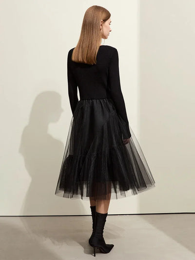 AMII French Vintage Square Collar Mesh A-Line Dress | Minimalist