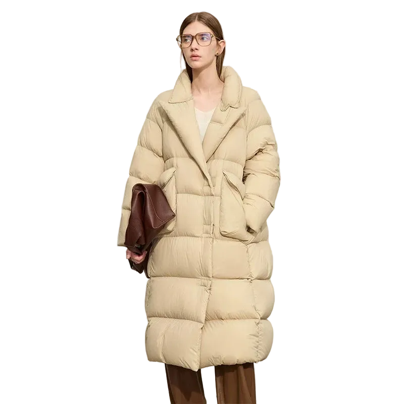 Women's Long White Duck Down Coat - Single-Breasted Winter Blazer