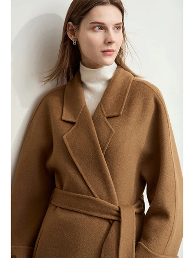 AMII Women's 100% Wool Minimalist Overcoat - Winter Belted Trench Coat